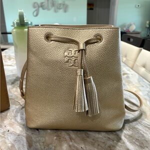 Tory Burch Gold Leather Drawstring Bag